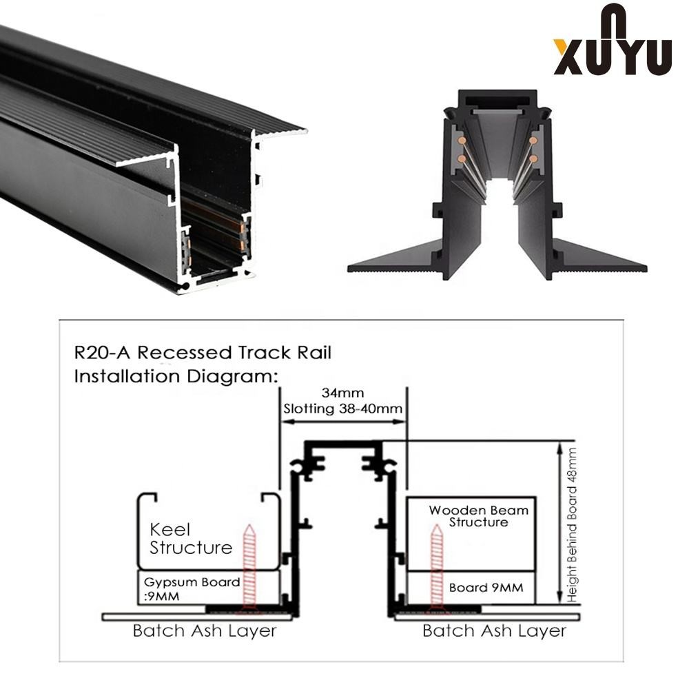 OEM Black Embedded 48V Magnetic Track Light Keselamatan Tegangan Rendah
